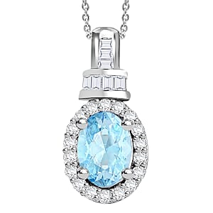 Premium Mangoro Aquamarine and Diamond 1.00 ctw Pendant Necklace 20 Inches in Rhodium Over Sterling Silver (Del. in 10-12 Days)