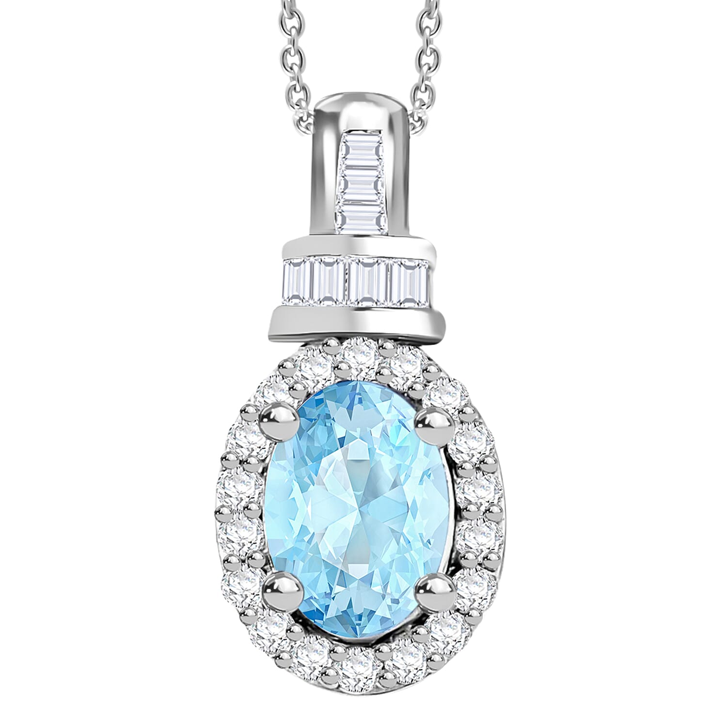 Premium Mangoro Aquamarine and Diamond 1.00 ctw Pendant Necklace 20 Inches in Rhodium Over Sterling Silver