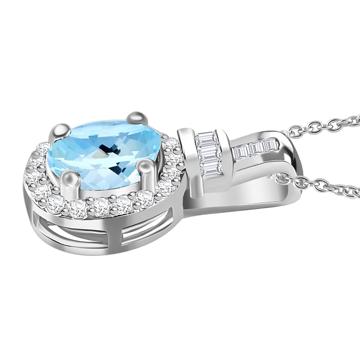 Premium Mangoro Aquamarine and Diamond 1.00 ctw Pendant Necklace 20 Inches in Rhodium Over Sterling Silver (Del. in 10-12 Days) image number 2