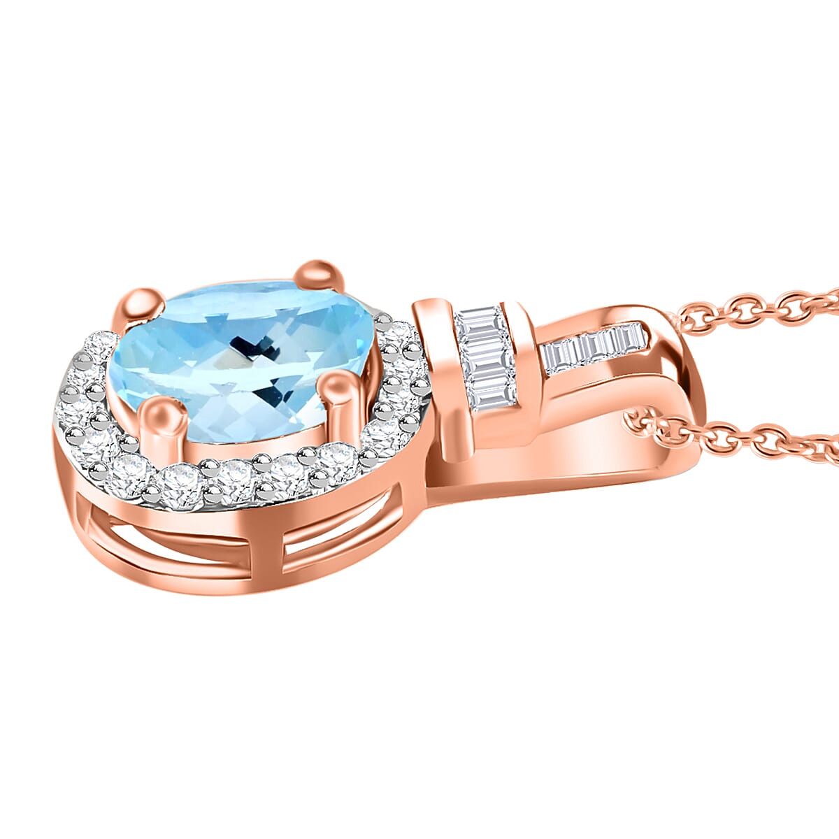 Luxoro Premium Mangoro Aquamarine and G-H I1 Diamond 1.00 ctw Pendant Necklace 20 Inches in 14K Rose Gold (Del. in 10-12 Days) image number 2