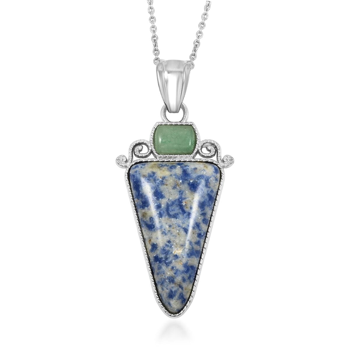 Center Stone Color Varies Inlay Frame Southwest Arrowhead Brazil Sodalite 17.00 ctw Pendant in Silvertone with Stainless Steel Necklace (20 Inches) image number 0