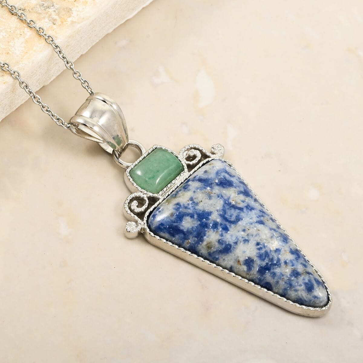 Center Stone Color Varies Inlay Frame Southwest Arrowhead Brazil Sodalite 17.00 ctw Pendant in Silvertone with Stainless Steel Necklace (20 Inches) image number 1
