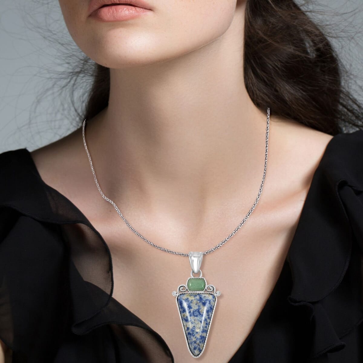 Center Stone Color Varies Inlay Frame Southwest Arrowhead Brazil Sodalite 17.00 ctw Pendant in Silvertone with Stainless Steel Necklace (20 Inches) image number 2