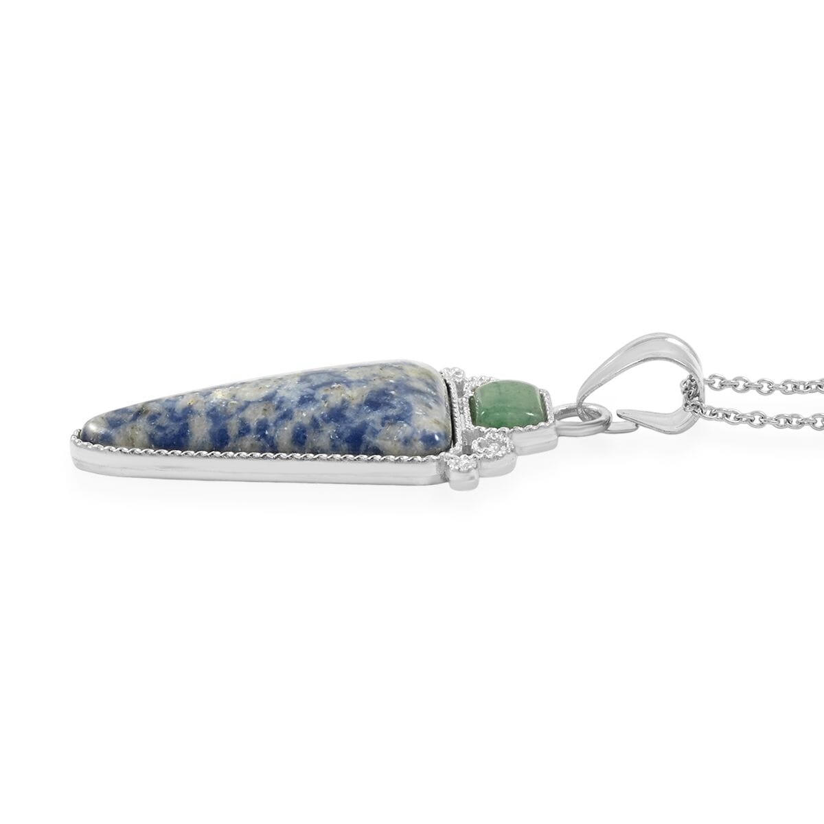 Center Stone Color Varies Inlay Frame Southwest Arrowhead Brazil Sodalite 17.00 ctw Pendant in Silvertone with Stainless Steel Necklace (20 Inches) image number 3
