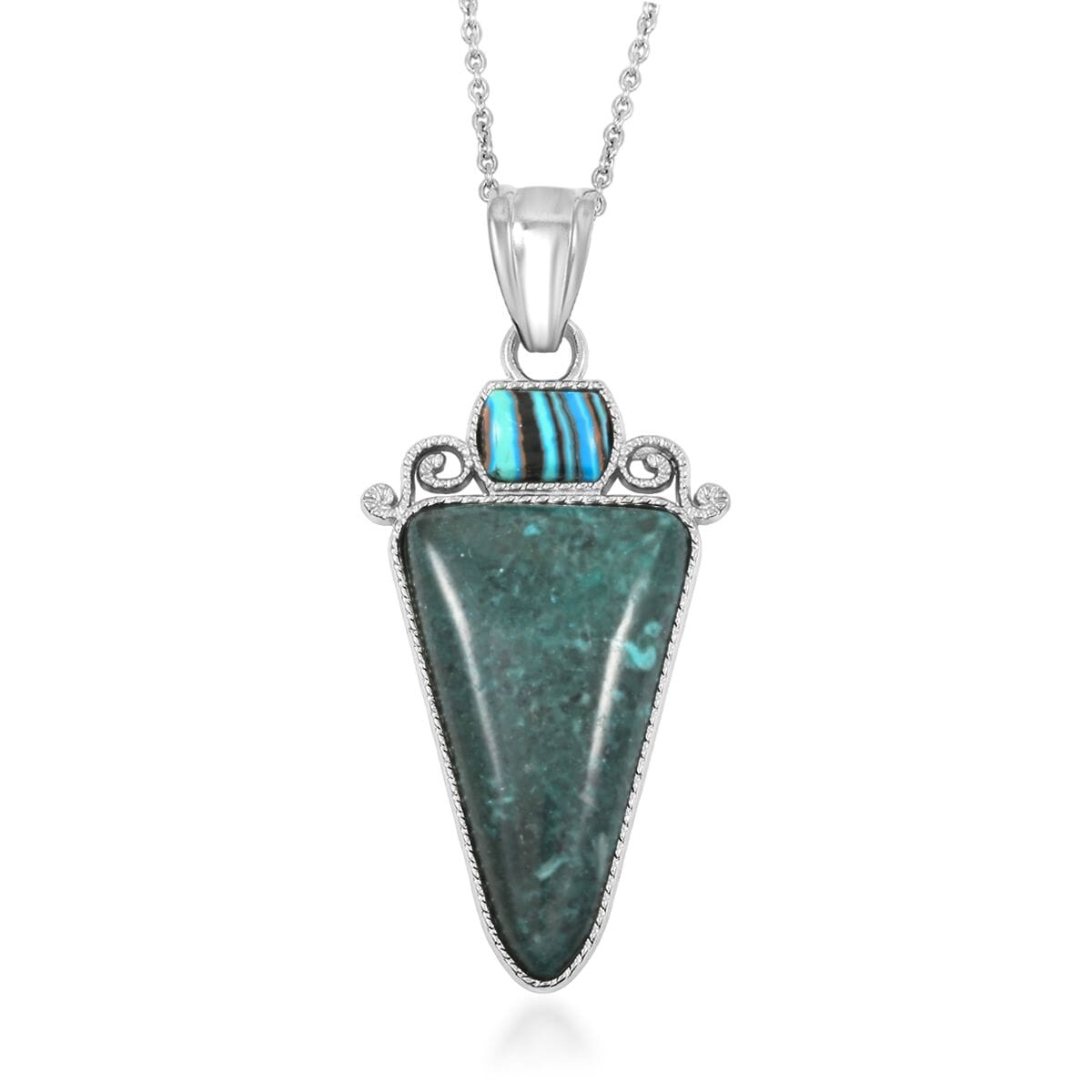 Center Stone Color Varies Inlay Frame Southwest Arrowhead Malachite Jasper 17.00 ctw Pendant in Silvertone with Stainless Steel Necklace (20 Inches) image number 0