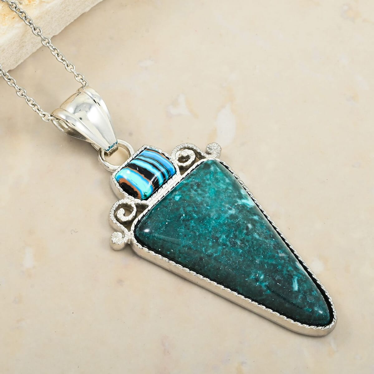 Center Stone Color Varies Inlay Frame Southwest Arrowhead Malachite Jasper 17.00 ctw Pendant in Silvertone with Stainless Steel Necklace (20 Inches) image number 1