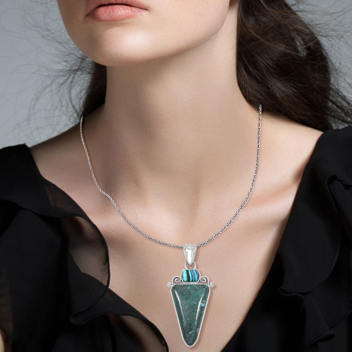 Center Stone Color Varies Inlay Frame Southwest Arrowhead Malachite Jasper 17.00 ctw Pendant in Silvertone with Stainless Steel Necklace (20 Inches) image number 2