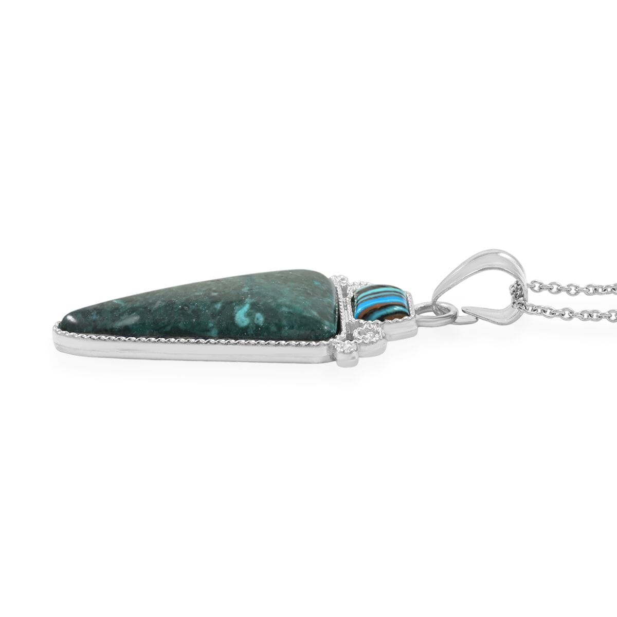 Center Stone Color Varies Inlay Frame Southwest Arrowhead Malachite Jasper 17.00 ctw Pendant in Silvertone with Stainless Steel Necklace (20 Inches) image number 3