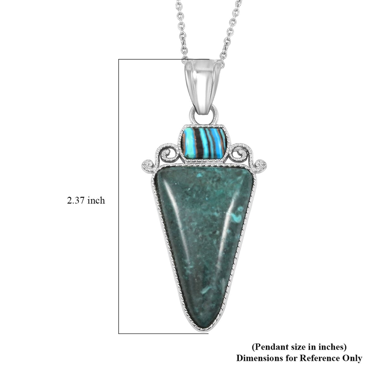 Center Stone Color Varies Inlay Frame Southwest Arrowhead Malachite Jasper 17.00 ctw Pendant in Silvertone with Stainless Steel Necklace (20 Inches) image number 5