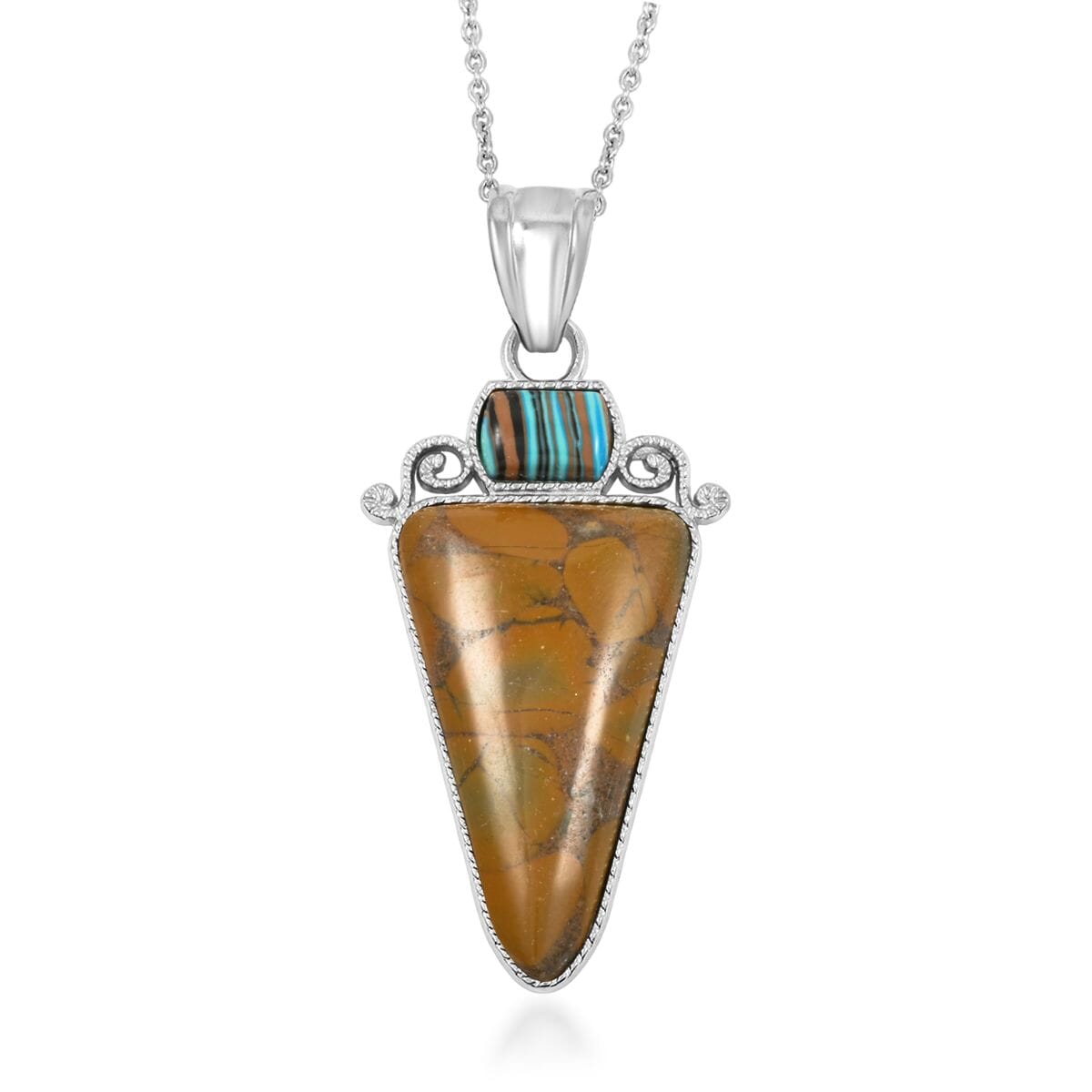 Center Stone Color Varies Inlay Frame Southwest Arrowhead Bamboo Jasper 20.00 ctw Pendant in Silvertone with Stainless Steel Necklace (20 Inches) image number 0