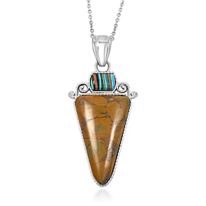 Center Stone Color Varies Inlay Frame Southwest Arrowhead Bamboo Jasper 20.00 ctw Pendant in Silvertone with Stainless Steel Necklace (20 Inches)