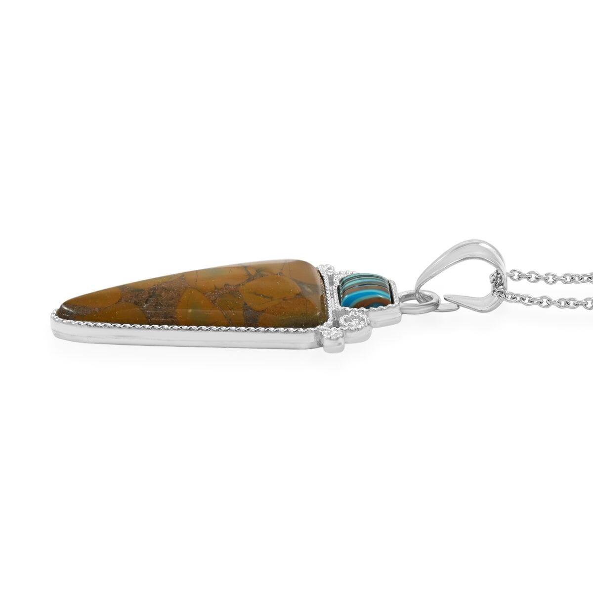 Center Stone Color Varies Inlay Frame Southwest Arrowhead Bamboo Jasper 20.00 ctw Pendant in Silvertone with Stainless Steel Necklace (20 Inches) image number 3