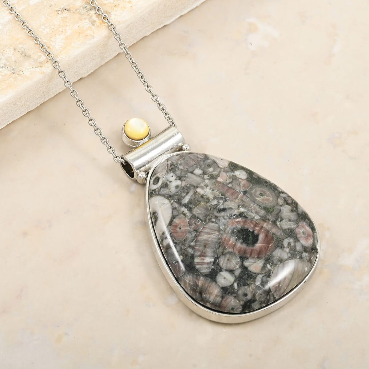Center Stone Color Varies Insect Fossil Jasper 53.00 ctw Inlay Drop Frame Pendant in Silvertone with Stainless Steel Necklace (20 Inches) image number 1