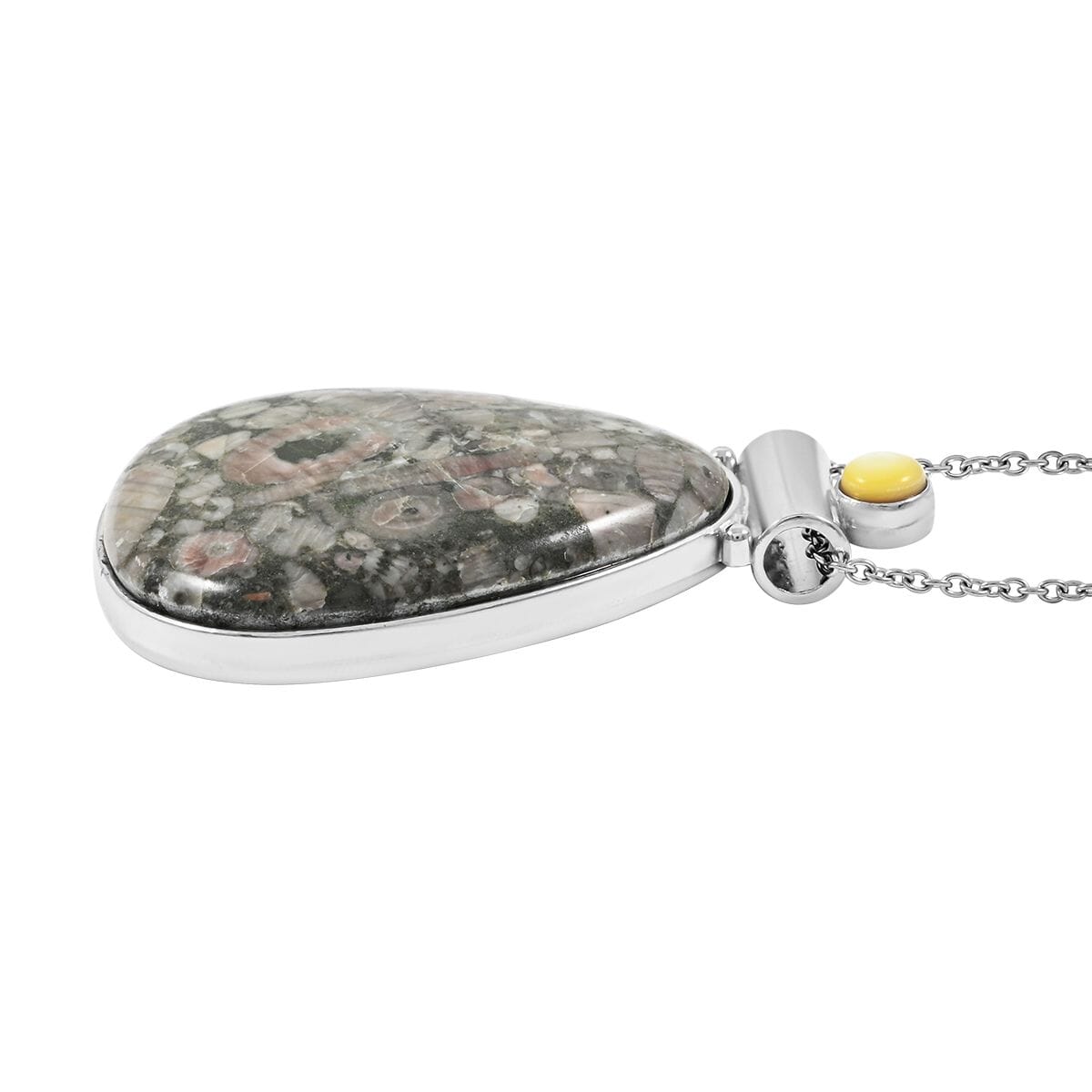 Center Stone Color Varies Insect Fossil Jasper 53.00 ctw Inlay Drop Frame Pendant in Silvertone with Stainless Steel Necklace (20 Inches) image number 3