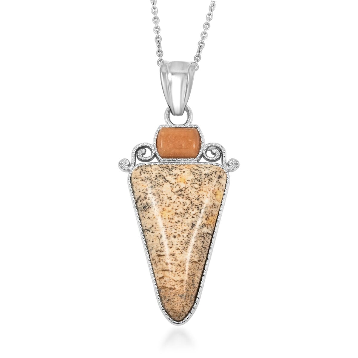 Center Stone Color Varies Inlay Frame Southwest Arrowhead Picture Jasper 17.00 ctw Pendant in Silvertone with Stainless Steel Necklace (20 Inches) image number 0