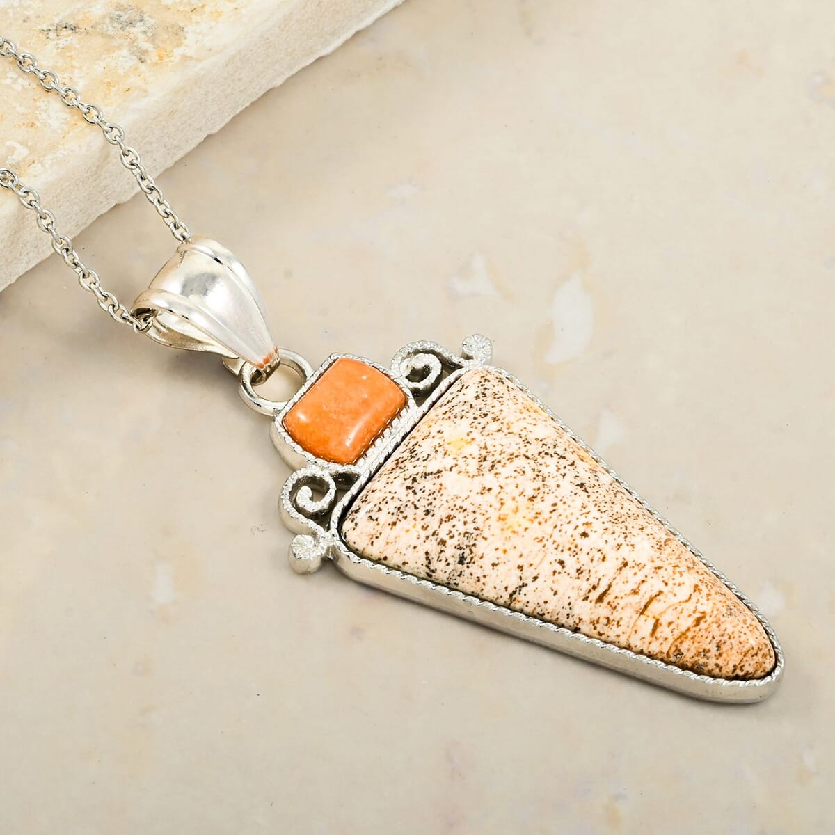 Center Stone Color Varies Inlay Frame Southwest Arrowhead Picture Jasper 17.00 ctw Pendant in Silvertone with Stainless Steel Necklace (20 Inches) image number 1