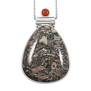 Center Stone Color Varies Inlay Frame Drop Hand-Polished Insect Fossil Jasper 61.00 ctw Pendant in Silvertone with Stainless Steel Necklace (20 Inches)