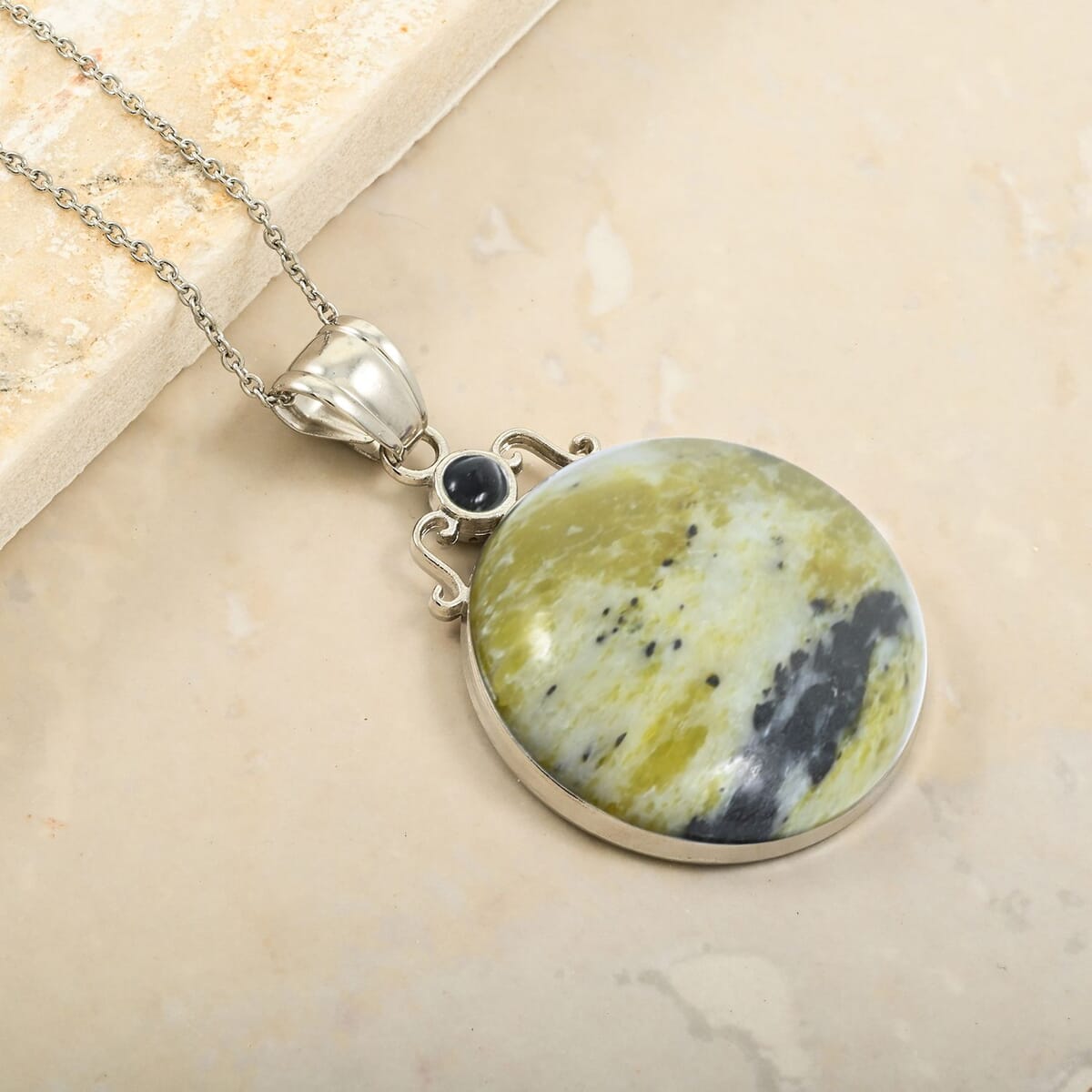 Plain Coyote Moon & Sun Yellow Turquoise Jasper 44.00 ctw Pendant in Silvertone with Stainless Steel Necklace (20 Inches) image number 1
