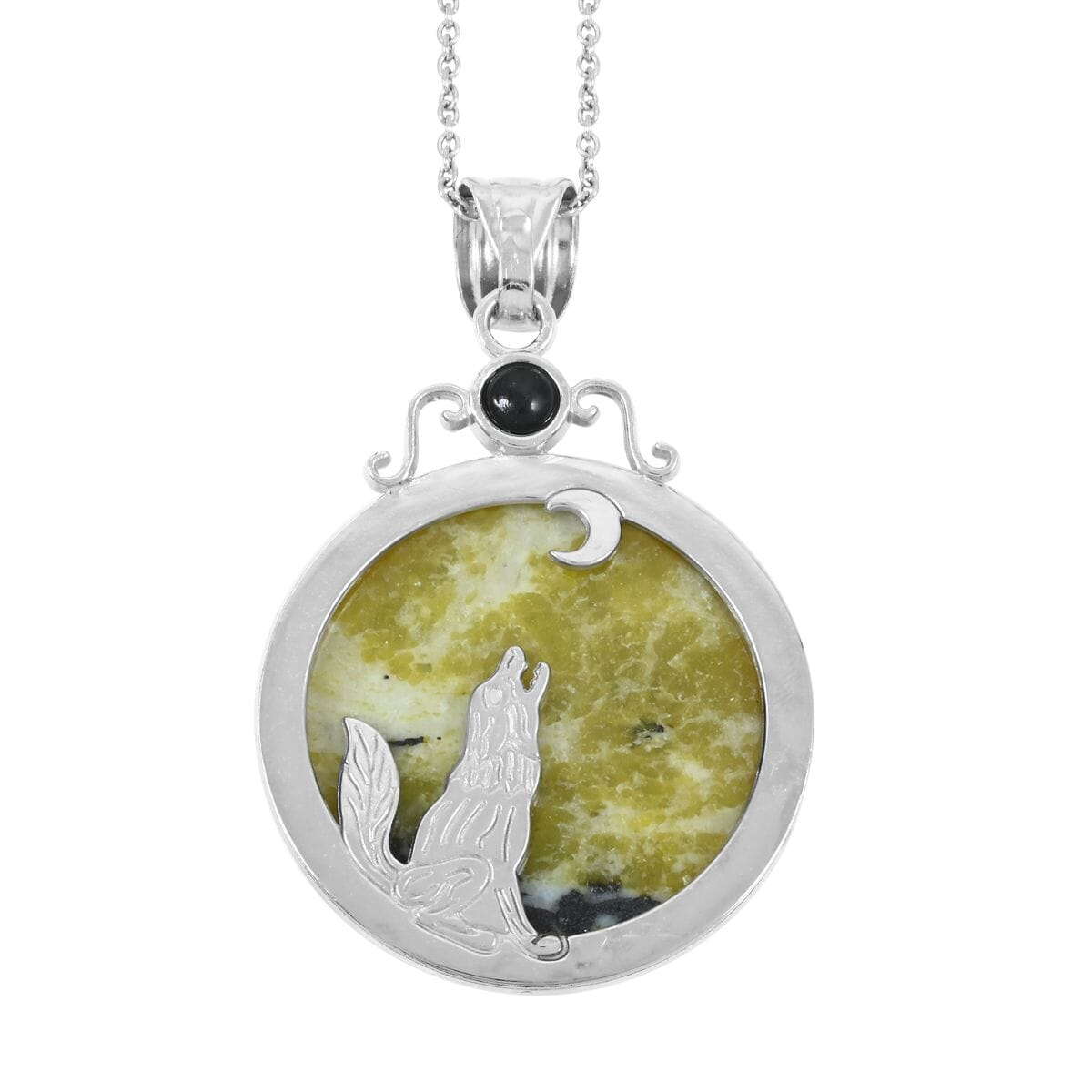 Plain Coyote Moon & Sun Yellow Turquoise Jasper 44.00 ctw Pendant in Silvertone with Stainless Steel Necklace (20 Inches) image number 4