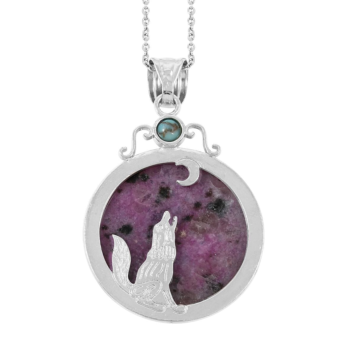 Center Stone Color Varies Inlay Southwest Coyote Moon Purple Quartz 47.00 ctw Pendant in Silvertone with Stainless Steel Necklace (20 Inches) image number 4