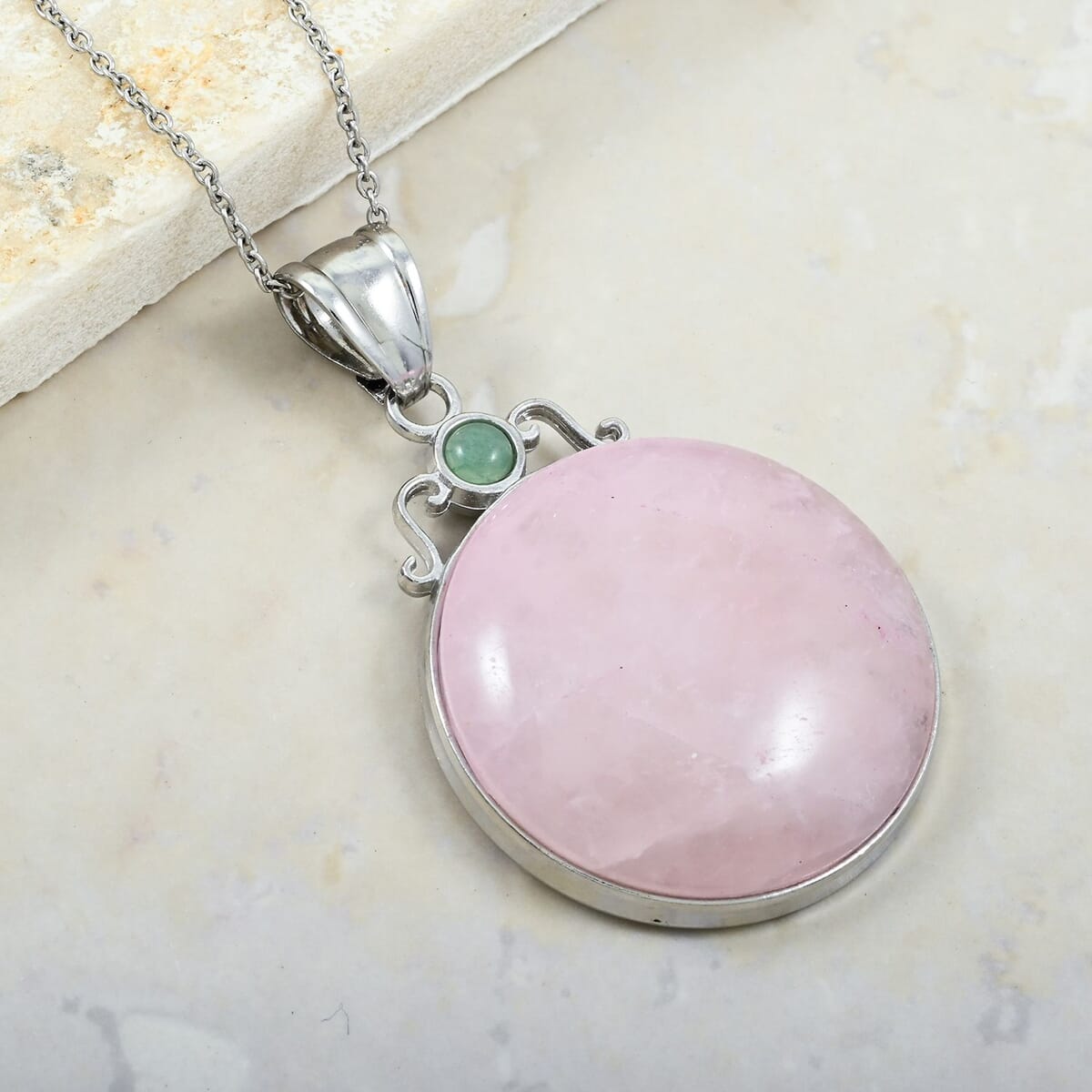 Center Stone Color Varies Rose Quartz Coyote 46.5 ctw Moon & Sun Pendant in Silvertone with Stainless Steel Necklace (20 Inches) image number 1