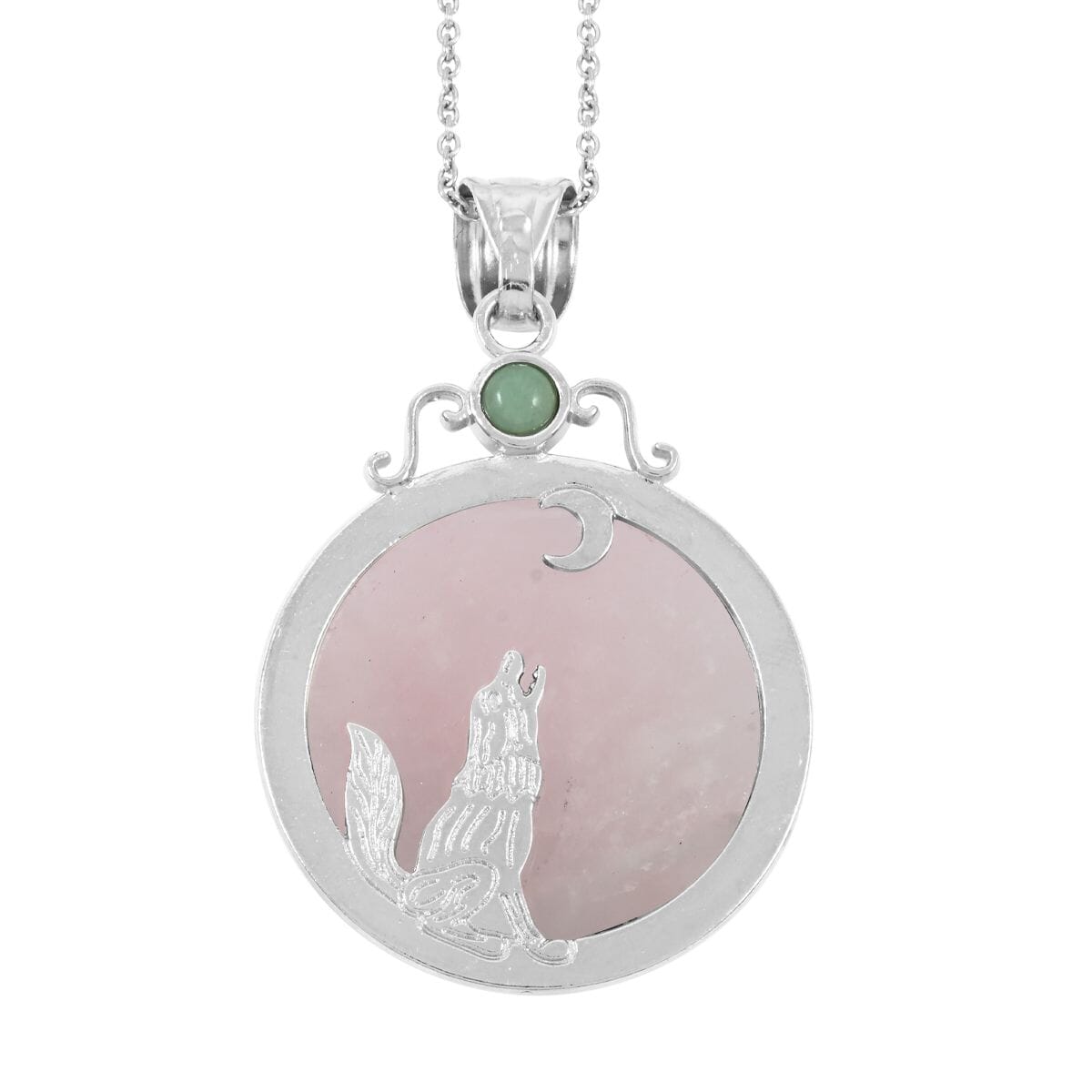 Center Stone Color Varies Rose Quartz Coyote 46.5 ctw Moon & Sun Pendant in Silvertone with Stainless Steel Necklace (20 Inches) image number 4