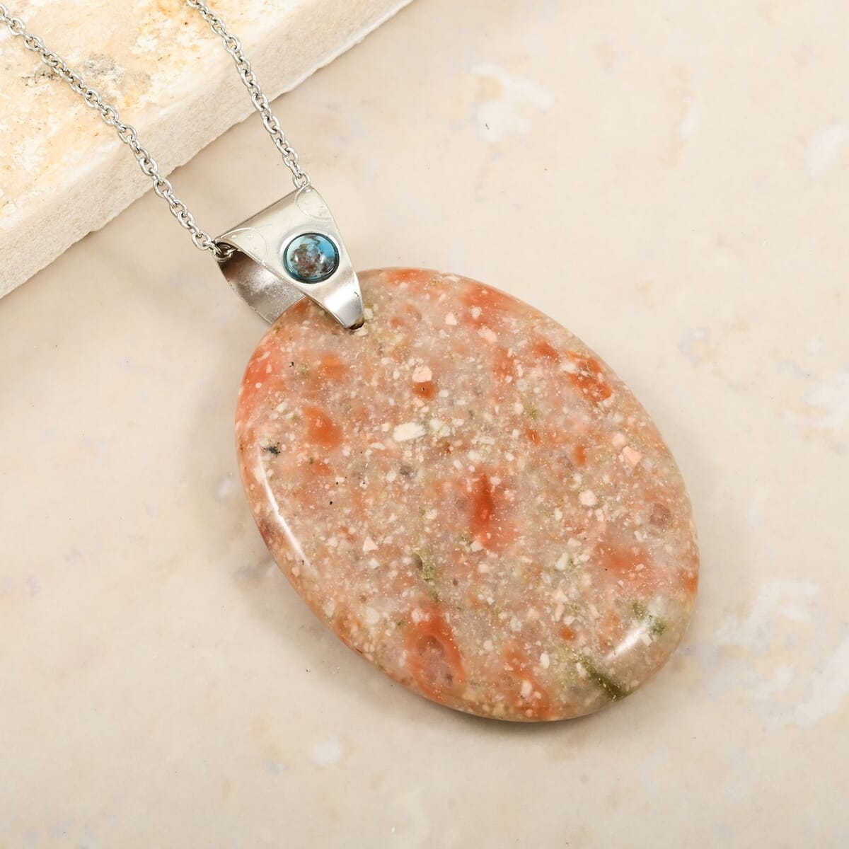 Center Stone Color Varies Oval Autumn Jasper 90.00 ctw Pendant in Silvertone with Stainless Steel Necklace (20 Inches) image number 1