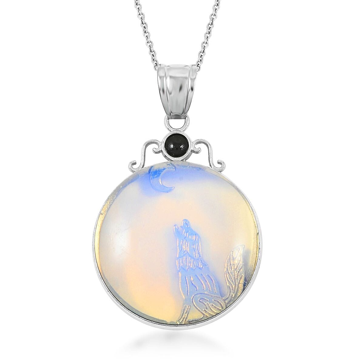 Center Stone Color Varies Plain Coyote Moon & Sun Opalite 40.00 ctw Pendant in Silvertone with Stainless Steel Necklace (20 Inches) image number 0