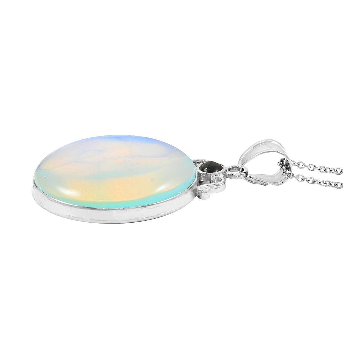 Center Stone Color Varies Plain Coyote Moon & Sun Opalite 40.00 ctw Pendant in Silvertone with Stainless Steel Necklace (20 Inches) image number 3