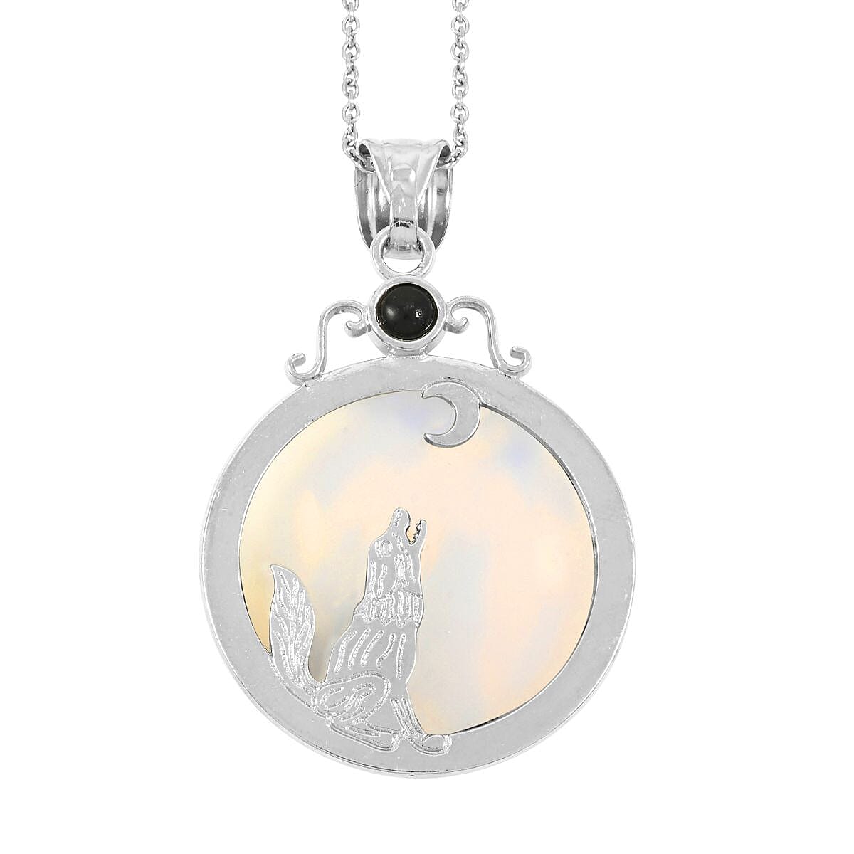 Center Stone Color Varies Plain Coyote Moon & Sun Opalite 40.00 ctw Pendant in Silvertone with Stainless Steel Necklace (20 Inches) image number 4