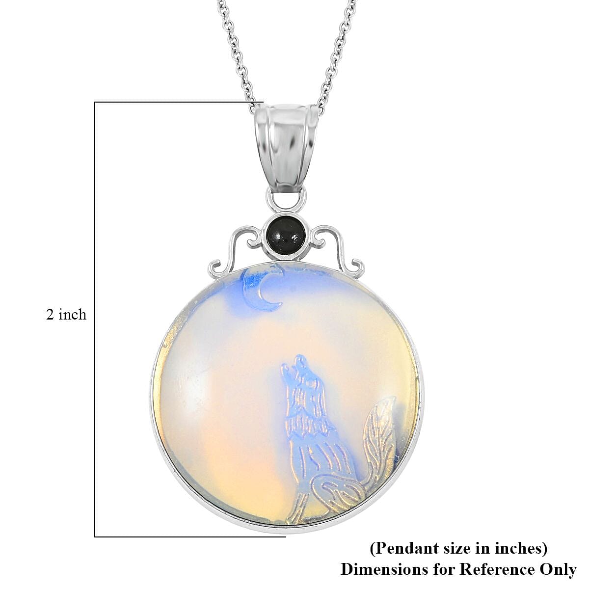 Center Stone Color Varies Plain Coyote Moon & Sun Opalite 40.00 ctw Pendant in Silvertone with Stainless Steel Necklace (20 Inches) image number 6