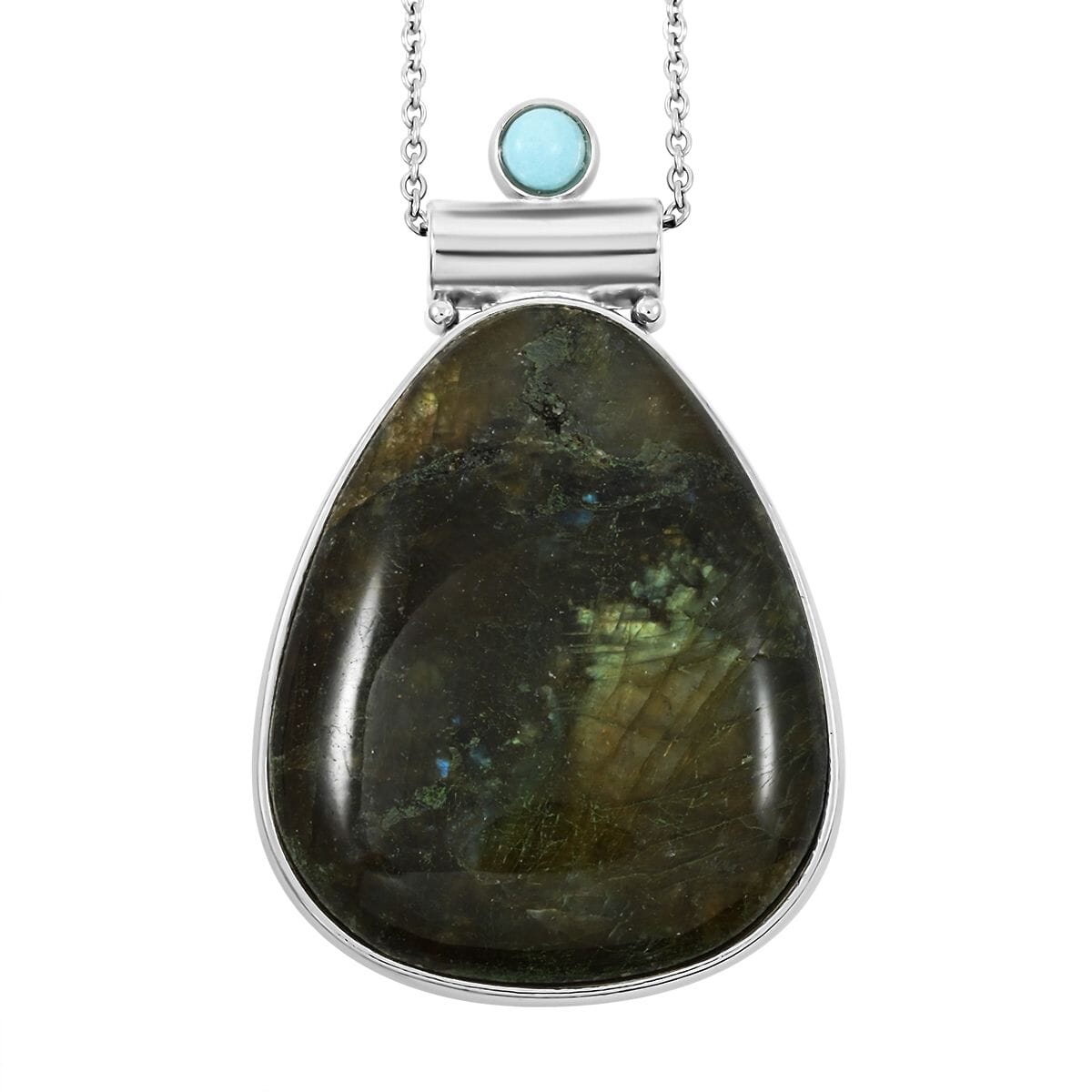 Center Stone Color Varies Inlay Frame Drop Hand-Polished Labradorite 57.00 ctw Pendant in Silvertone with Stainless Steel Necklace (20 Inches) image number 0
