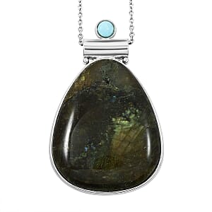 Center Stone Color Varies Inlay Frame Drop Hand-Polished Labradorite 57.00 ctw Pendant in Silvertone with Stainless Steel Necklace (20 Inches)
