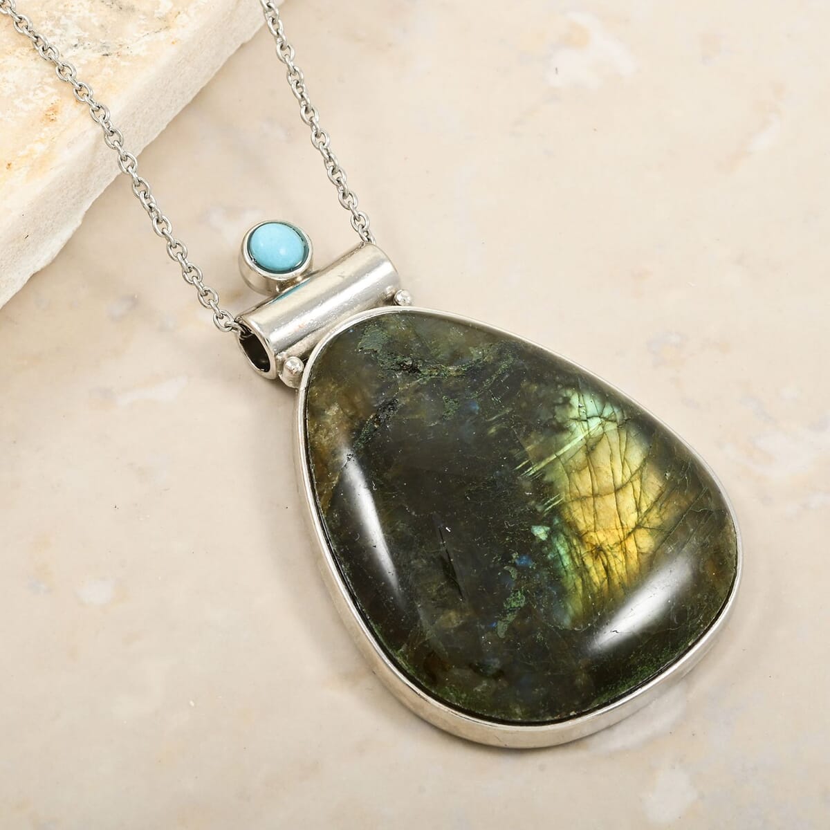 Center Stone Color Varies Inlay Frame Drop Hand-Polished Labradorite 57.00 ctw Pendant in Silvertone with Stainless Steel Necklace (20 Inches) image number 1