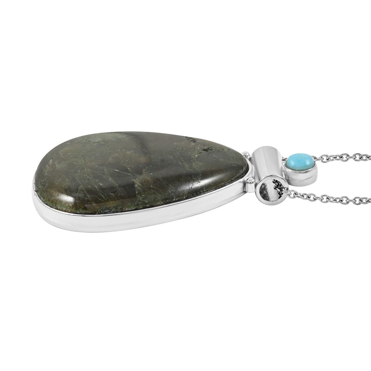 Center Stone Color Varies Inlay Frame Drop Hand-Polished Labradorite 57.00 ctw Pendant in Silvertone with Stainless Steel Necklace (20 Inches) image number 3