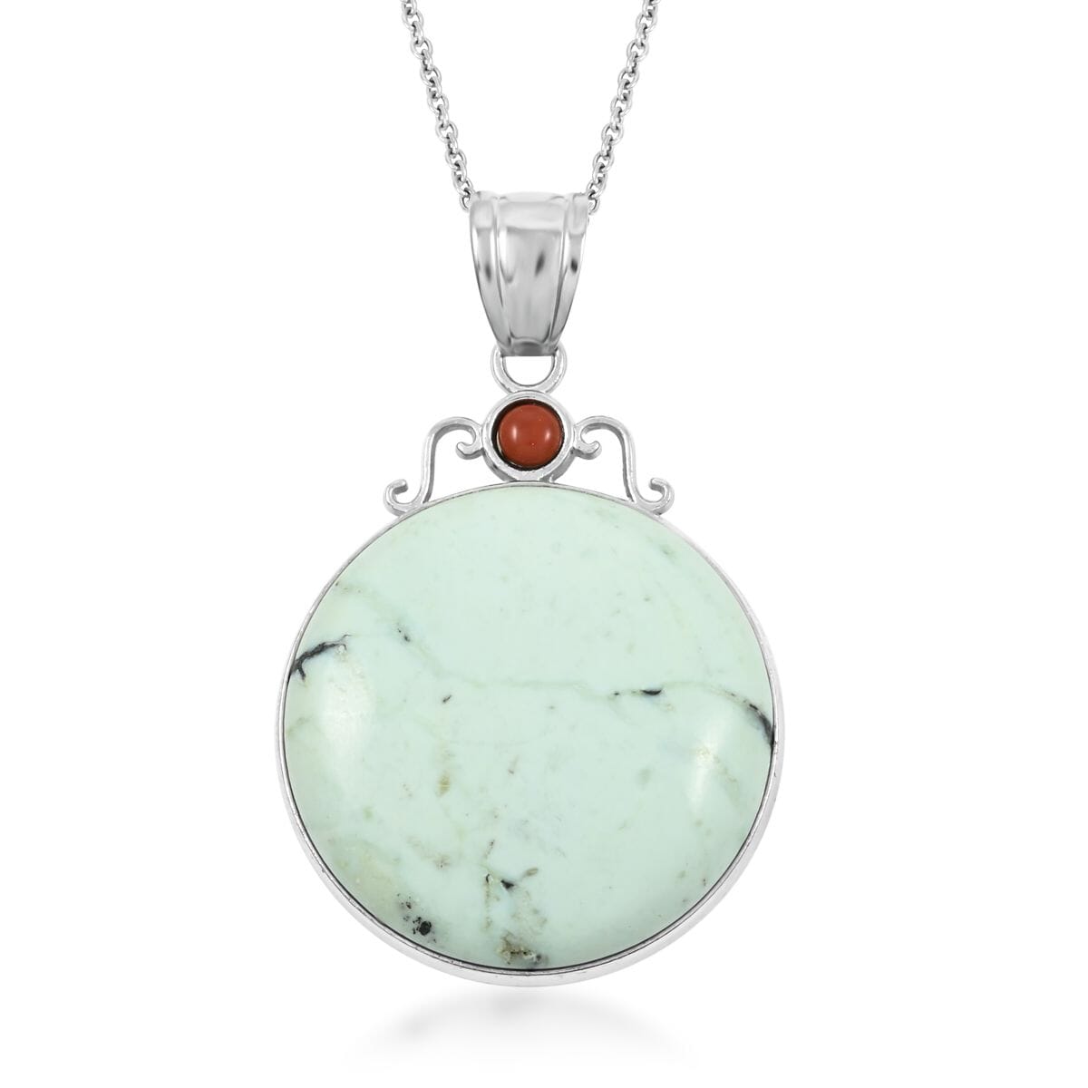 Center Stone Color Varies Inlay Southwest Coyote Moon White Turquoise Jasper 44.50 ctw Pendant in Silvertone with Stainless Steel Necklace (20 Inches) image number 0