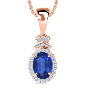 Luxoro Premium Kanchanaburi Blue Sapphire and G-H I1 Diamond 1.63 ctw Pendant Necklace 20 Inches in 14K Rose Gold
