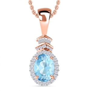 Luxoro Premium Santa Maria Aquamarine and G-H I1 Diamond 1.58 ctw Pendant Necklace 20 Inches in 14K Rose Gold