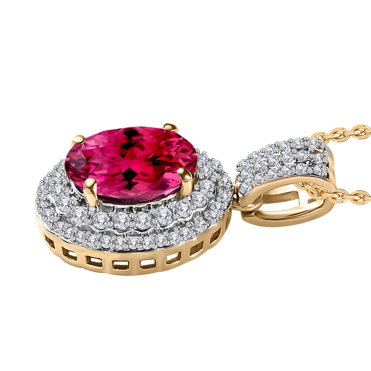 Luxoro Premium Ouro Fino Rubellite and G-H I1 Diamond 2.42 ctw Pendant Necklace 20 Inches in 14K Yellow Gold image number 2