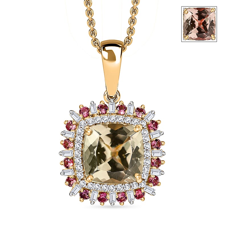 Luxoro AAA Turkizite, Padparadscha Sapphire and I2 Diamond 3.10 ctcw Sunshine Pendant Necklace 20 Inches in 10K Yellow Gold