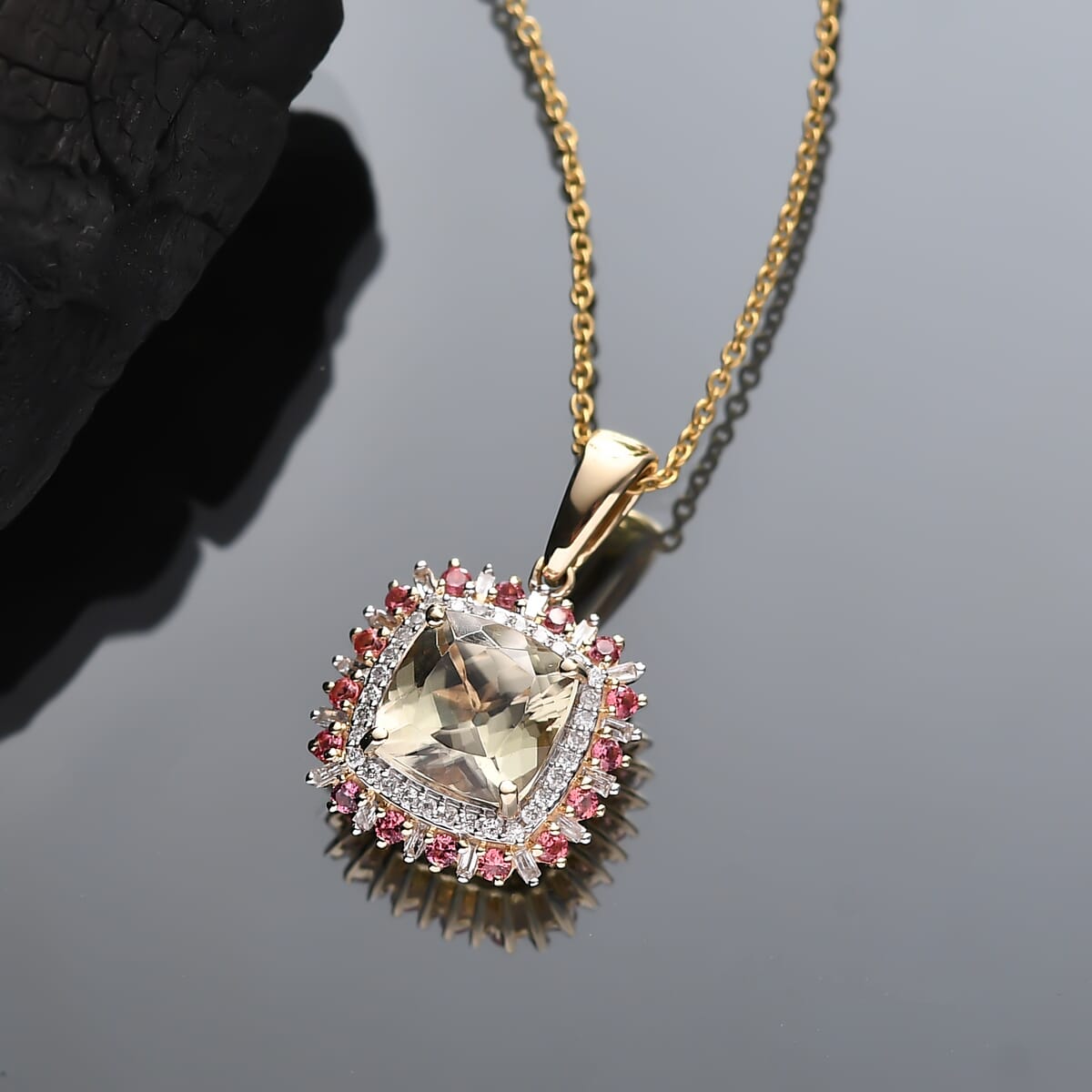 Luxoro AAA Turkizite, Padparadscha Sapphire and I2 Diamond 3.10 ctcw Sunshine Pendant Necklace 20 Inches in 10K Yellow Gold  image number 1