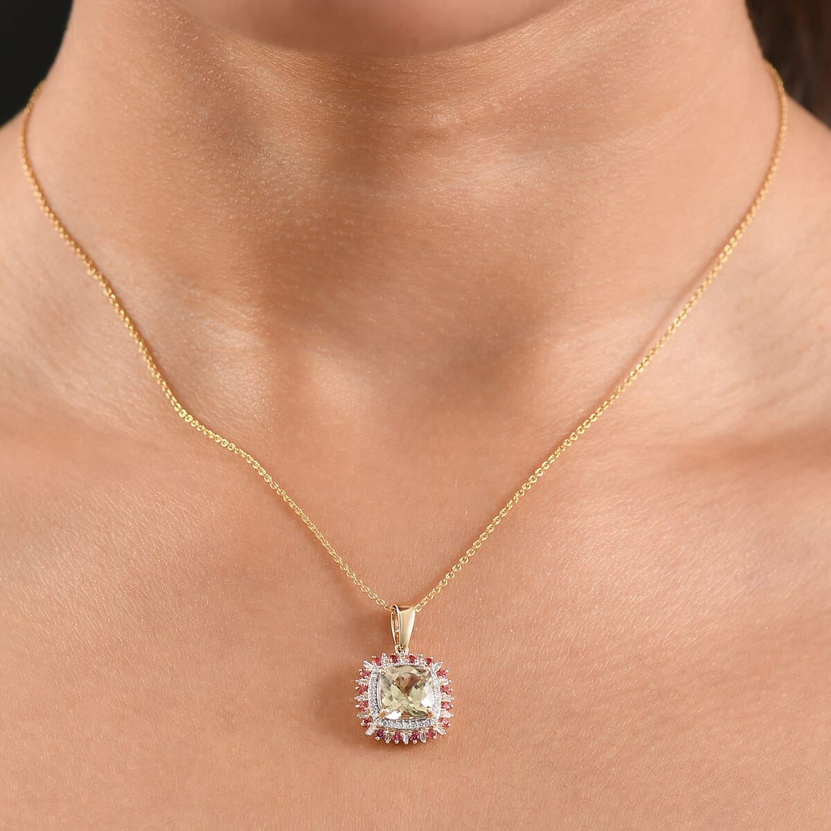 Luxoro AAA Turkizite, Padparadscha Sapphire and I2 Diamond 3.10 ctcw Sunshine Pendant Necklace 20 Inches in 10K Yellow Gold  image number 2