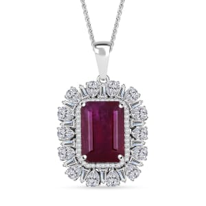D'Joy Premium Niassa Ruby (FF) and Moissanite 14.40 ctw Firecracker Pendant Necklace in Rhodium Over Sterling Silver 20 Inches