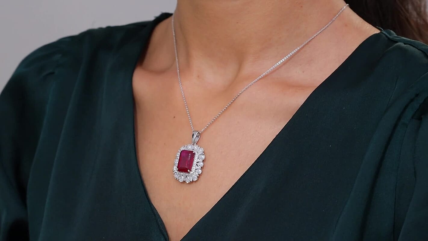 D'Joy Premium Niassa Ruby (FF) and Moissanite 14.40 ctw Firecracker Pendant Necklace in Rhodium Over Sterling Silver 20 Inches