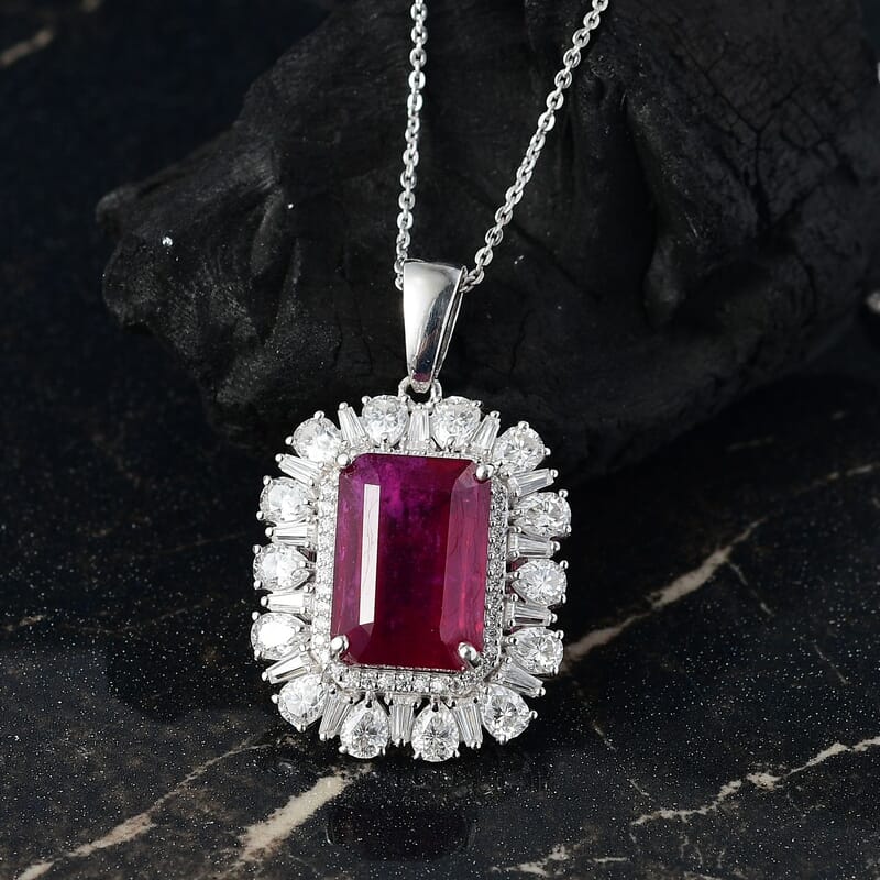 D'Joy Premium Niassa Ruby (FF) and Moissanite 14.40 ctw Firecracker Pendant Necklace in Rhodium Over Sterling Silver 20 Inches