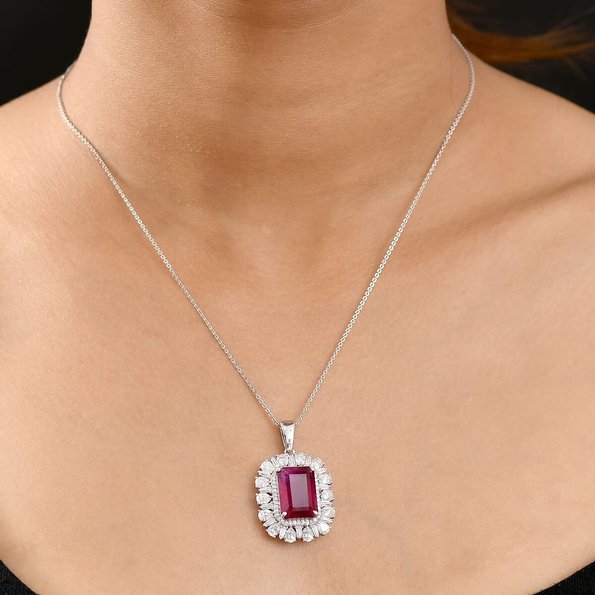 D'Joy Premium Niassa Ruby (FF) and Moissanite 14.40 ctw Firecracker Pendant Necklace in Rhodium Over Sterling Silver 20 Inches image number 2