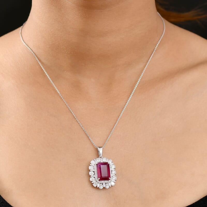 D'Joy Premium Niassa Ruby (FF) and Moissanite 14.40 ctw Firecracker Pendant Necklace in Rhodium Over Sterling Silver 20 Inches
