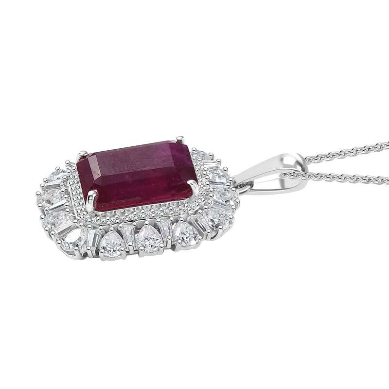 D'Joy Premium Niassa Ruby (FF) and Moissanite 14.40 ctw Firecracker Pendant Necklace in Rhodium Over Sterling Silver 20 Inches