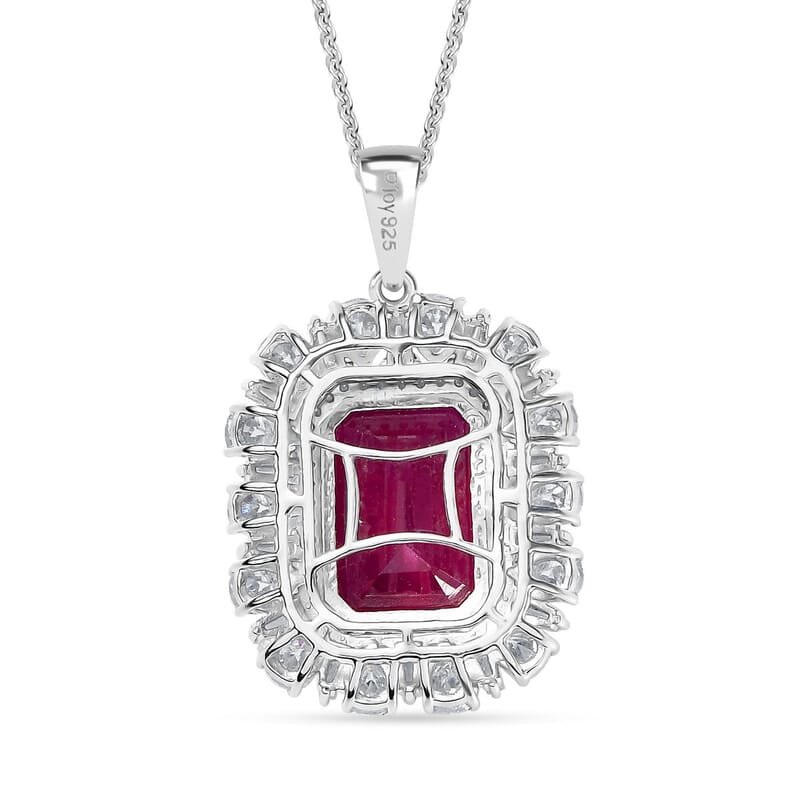 D'Joy Premium Niassa Ruby (FF) and Moissanite 14.40 ctw Firecracker Pendant Necklace in Rhodium Over Sterling Silver 20 Inches