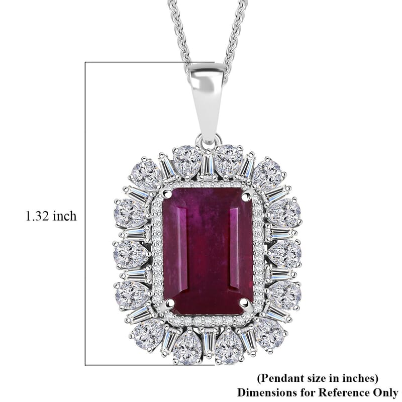 D'Joy Premium Niassa Ruby (FF) and Moissanite 14.40 ctw Firecracker Pendant Necklace in Rhodium Over Sterling Silver 20 Inches